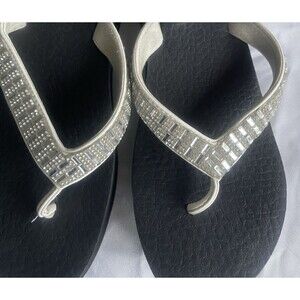 Skechers Womens 8 Black Platform Wedge Flip Flops Rhinestone Bling Sandals